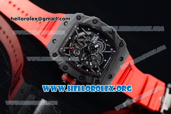 1:1 Richard Mille RM 35-02 RAFAEL NADA Japanese Miyota 9015 Automatic Black PVD Case with Skeleton Dial Red Crown Red Rubber Strap - Click Image to Close